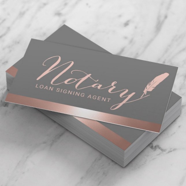 Notary Script Loan Signing Agent Rose Gold & Grey Business Card (Creator Uploaded)