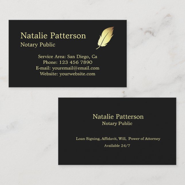 Notary Services Black Modern Business Card (Front/Back)