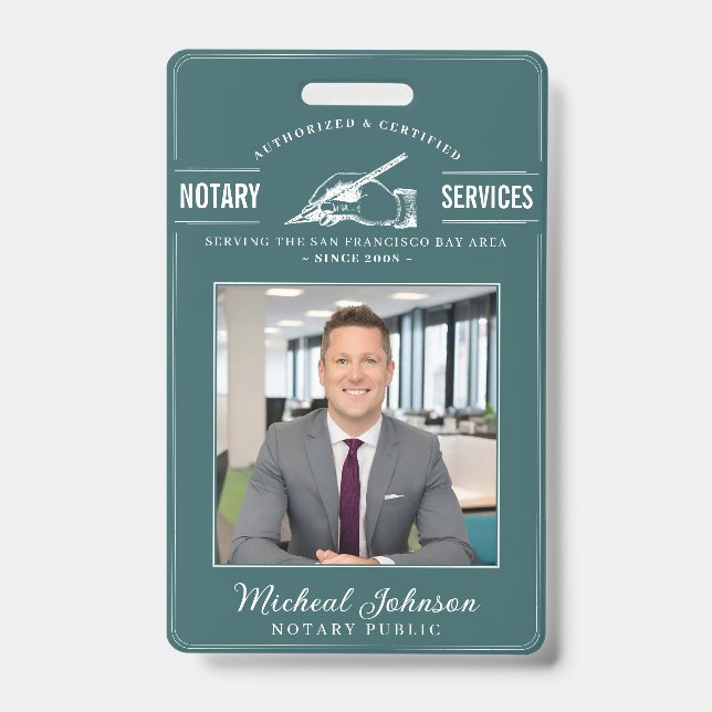 Notary Services Vintage Professional Teal Custom  ID Badge (Front)