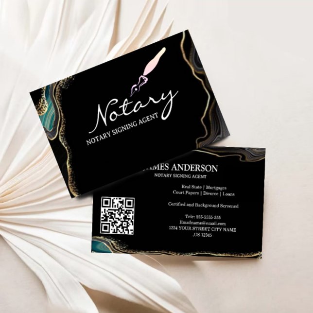 Notary Signing Agent Agate Black Gold Glitter  Business Card (Notary Signing Agent Agate Black Gold Glitter Business Card)