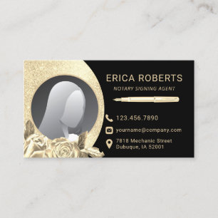 Notary Signing Agent Black & Gold Floral Photo Business Card