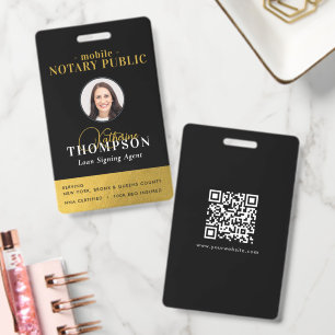 Notary Signing Agent Black Gold Photo QR Code ID Badge