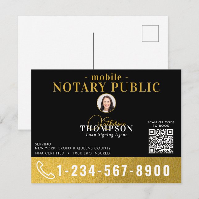 Notary Signing Agent Black Gold Photo QR Code Postcard (Front/Back)