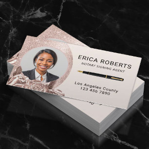 Notary Signing Agent Blush Rose Gold Floral Photo Business Card