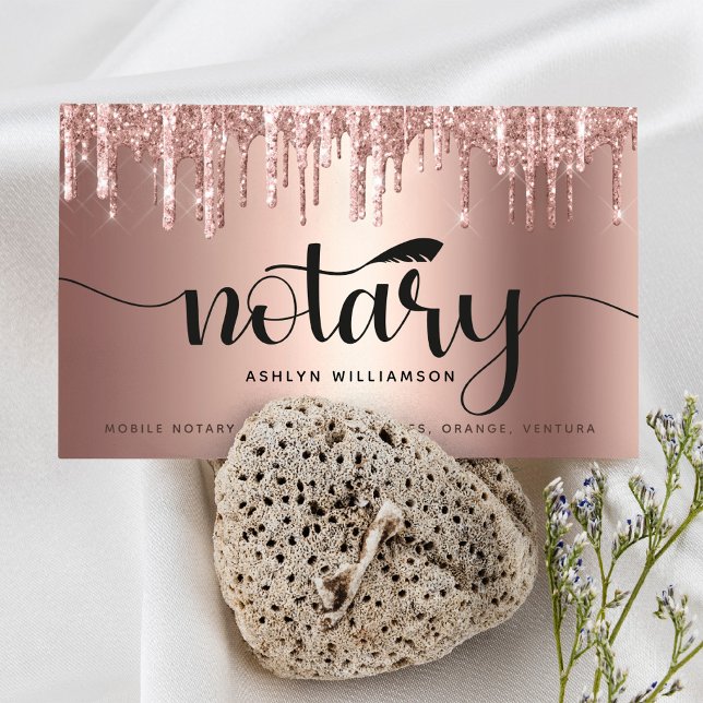 Notary Signing Agent Copper PInk Glitter Script Business Card (Creator Uploaded)