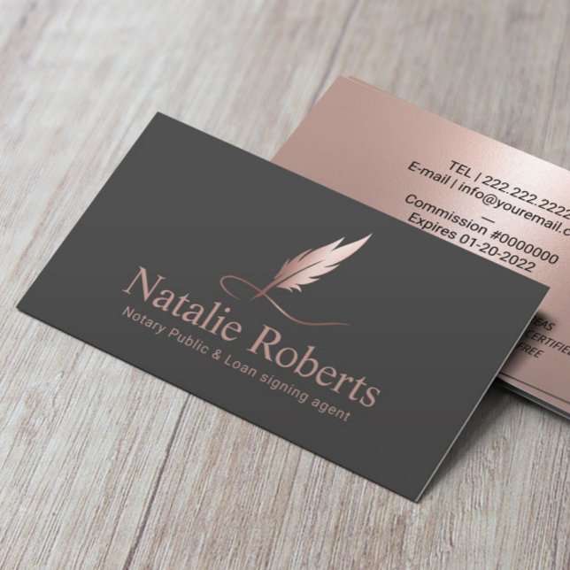 Notary Signing Agent Elegant Rose Gold Quill Logo  Business Card (Creator Uploaded)