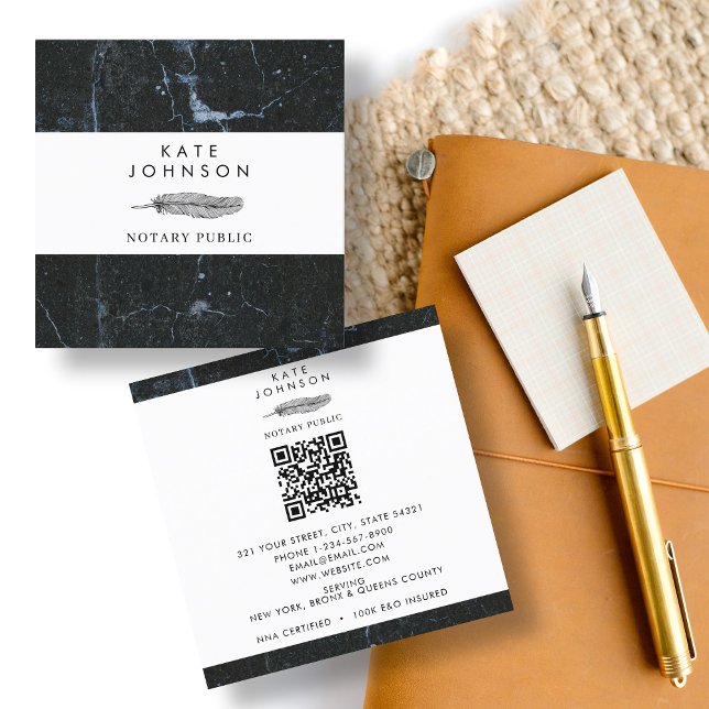 Notary Signing Agent Feather Marble Quill Logo Square Business Card (Notary Signing Agent Feather Marble Quill Logo Square Business Card)