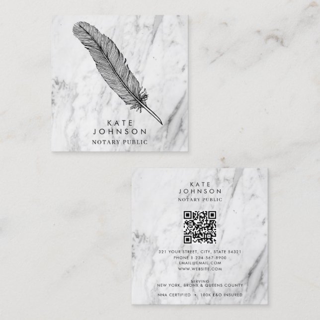 Notary Signing Agent Feather Quill Modern Marble Square Business Card (Front/Back)