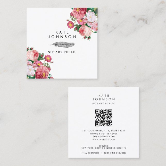 Notary Signing Agent Feather Quill Pink Floral Square Business Card (Front/Back)