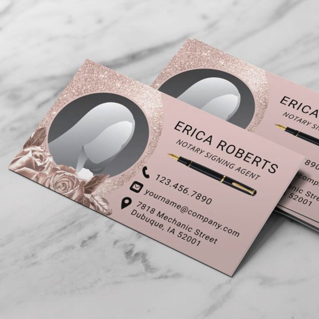 Notary Signing Agent Glam Rose Gold Floral Photo Business Card (Creator Uploaded)