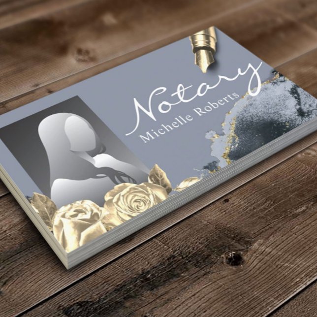Notary Signing Agent Gold Floral Blue Agate Photo Business Card (Creator Uploaded)