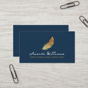 Notary Signing Agent Gold Quill Pen Dark Blue Business Card