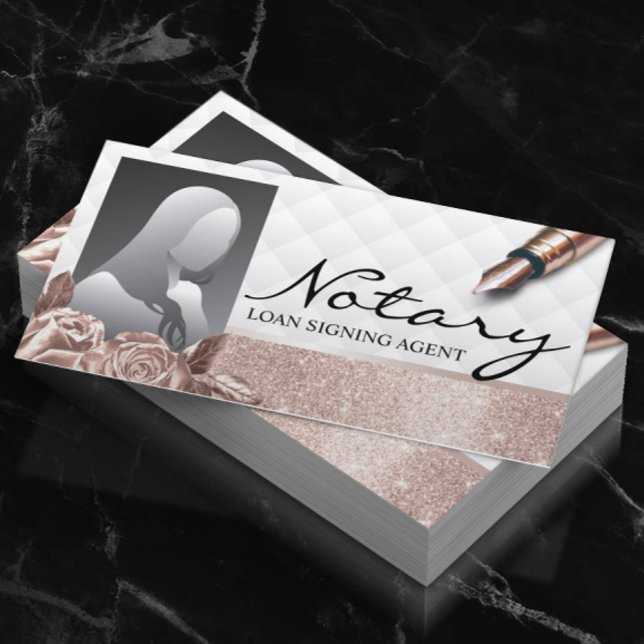 Notary Signing Agent Luxury Rose Gold Floral Photo Business Card (Creator Uploaded)