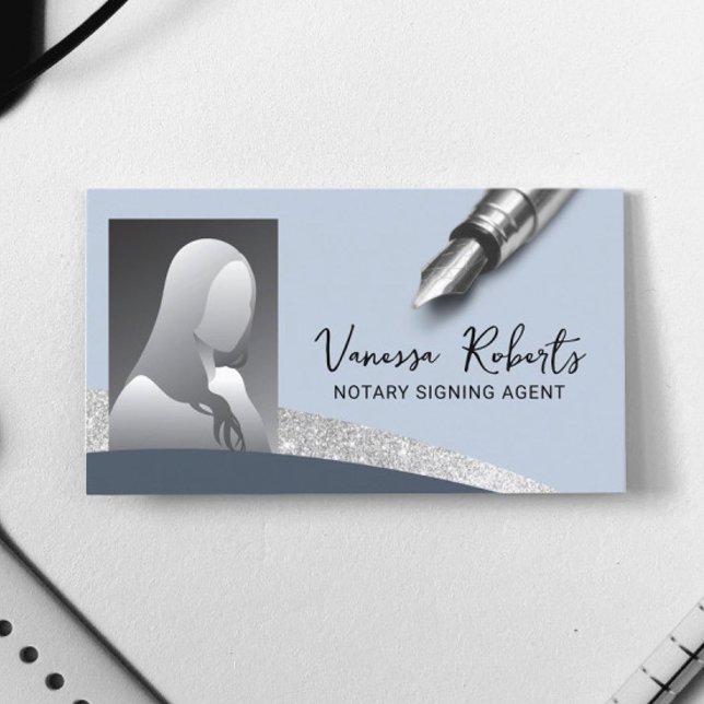 Notary Signing Agent Modern Blue & Silver Photo Business Card (Creator Uploaded)