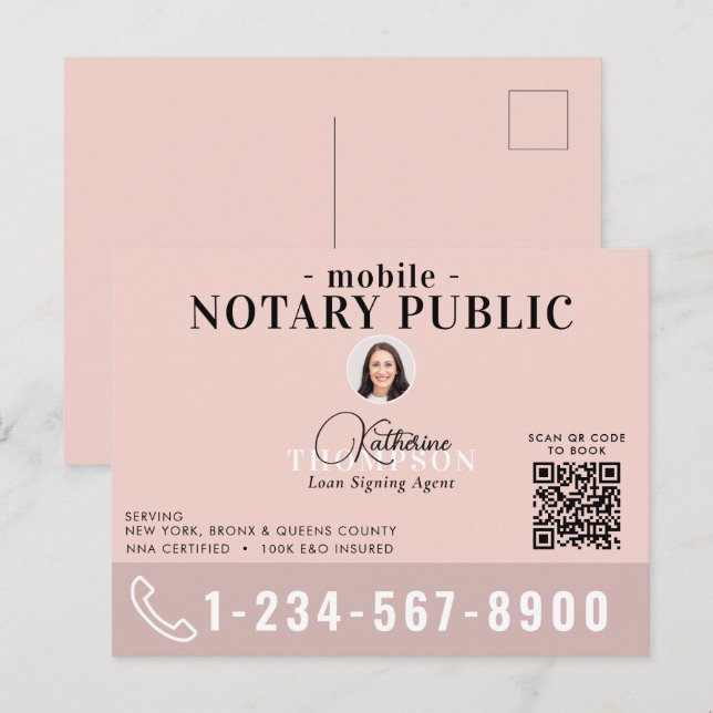 Notary Signing Agent Modern Pink Photo QR Code Postcard (Front/Back)