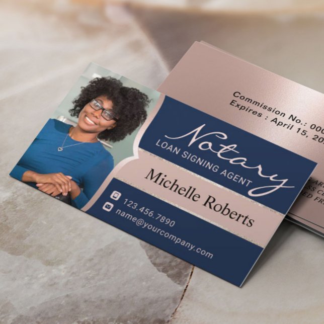 Notary Signing Agent Navy & Rose Gold Photo Business Card (Creator Uploaded)