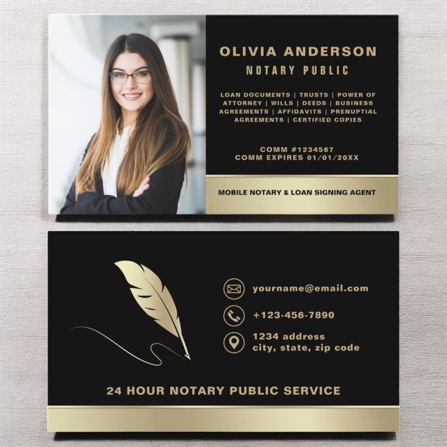 Notary Signing Agent Photo Black & Gold Business Card (Creator Uploaded)