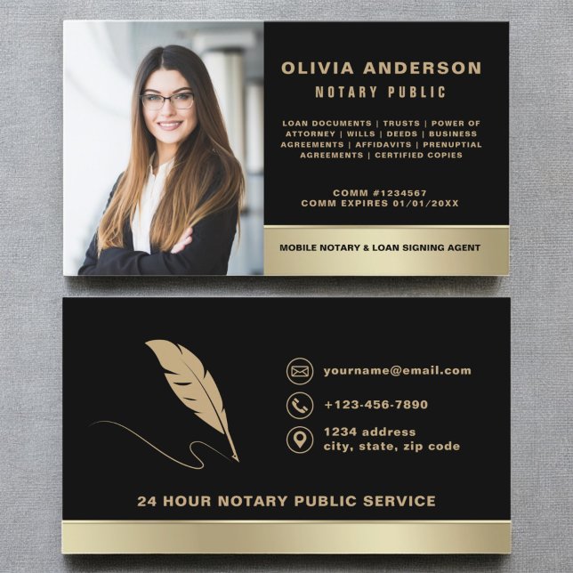 Notary Signing Agent Photo Black & Gold Business Card (Creator Uploaded)