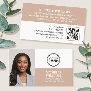 Notary Signing Agent Photo Logo QR Code Beige Business Card