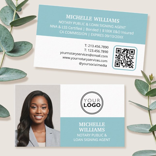 Notary Signing Agent Photo Logo QR Code Turquoise Business Card (Creator Uploaded)
