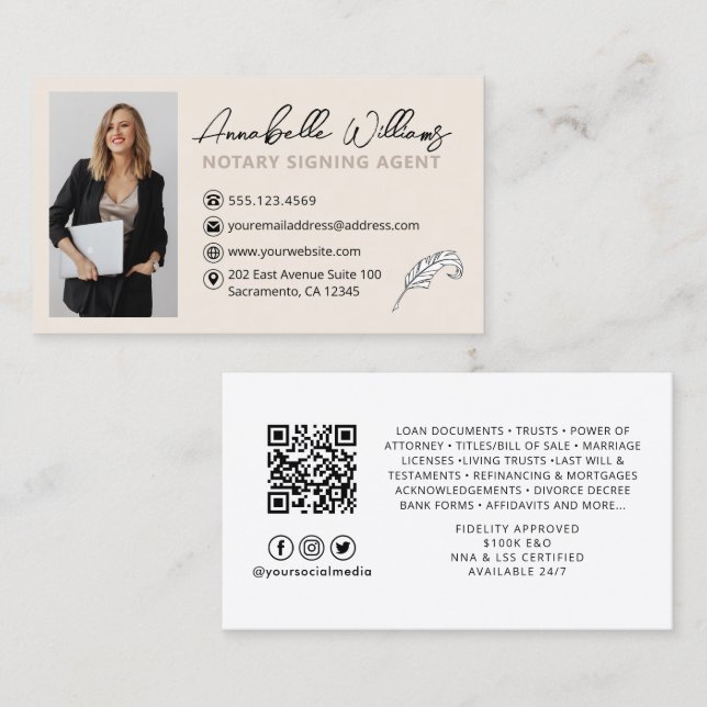 Notary Signing Agent QR Code Photo Business Card (Front/Back)
