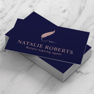 Notary Signing Agent Quill Logo Navy & Rose Gold Business Card