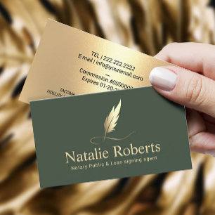 Notary Signing Agent Sage Green & Gold Quill Logo Business Card