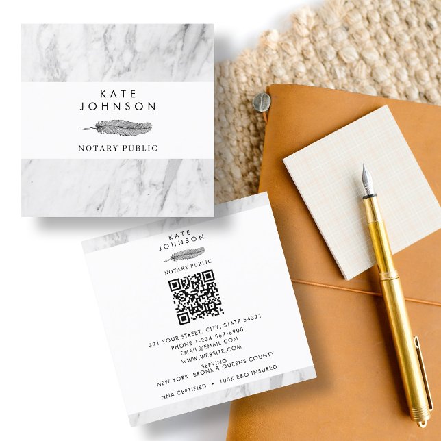 Notary Signing Agent White Marble Quill Logo Square Business Card (Notary Signing Agent White Marble Quill Logo Square Business Card)
