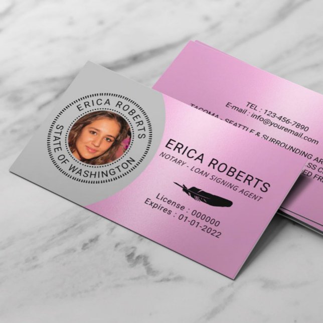 Notary Stamp Loan Signing Agent Pink Photo Busines Business Card (Creator Uploaded)