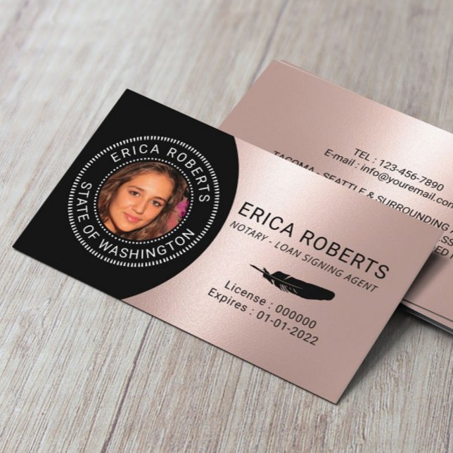 Notary Stamp Loan Signing Agent Rose Gold Photo Business Card (Creator Uploaded)