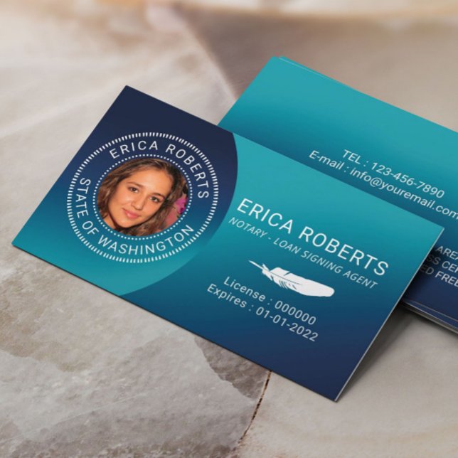 Notary Stamp Loan Signing Agent Turquoise Photo Business Card (Creator Uploaded)