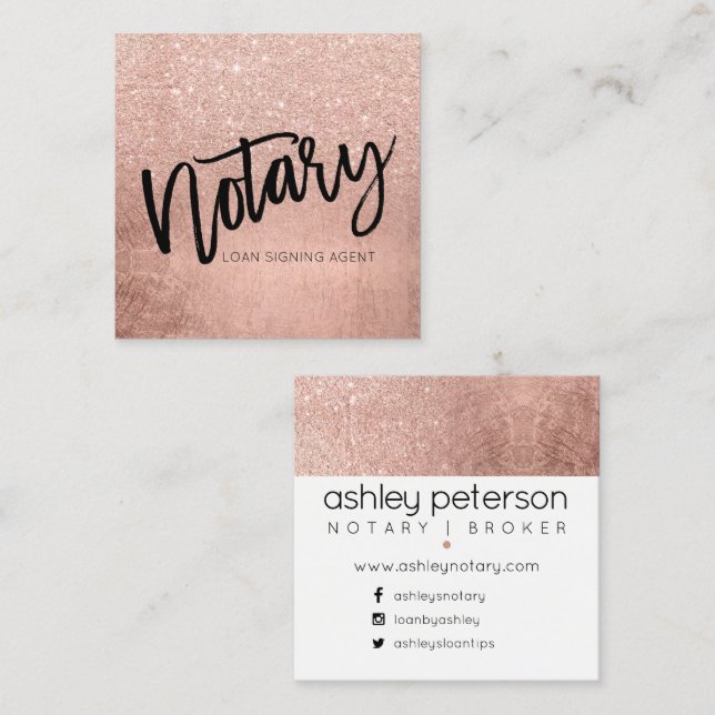 Notary typography FAUX rose gold glitter foil Square Business Card (Front/Back)