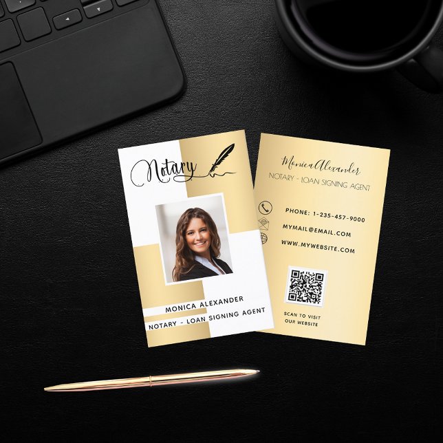 Notary white gold photo QR code loan signing agent Business Card (Creator Uploaded)