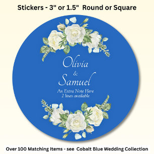 Note + Bride Groom Names Cobalt Blue & White Rose Classic Round Sticker