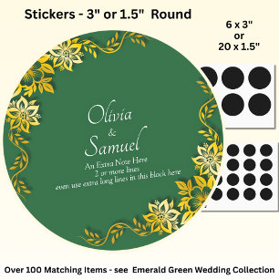 Note + Bride Groom Names Emerald Green & Gold Classic Round Sticker