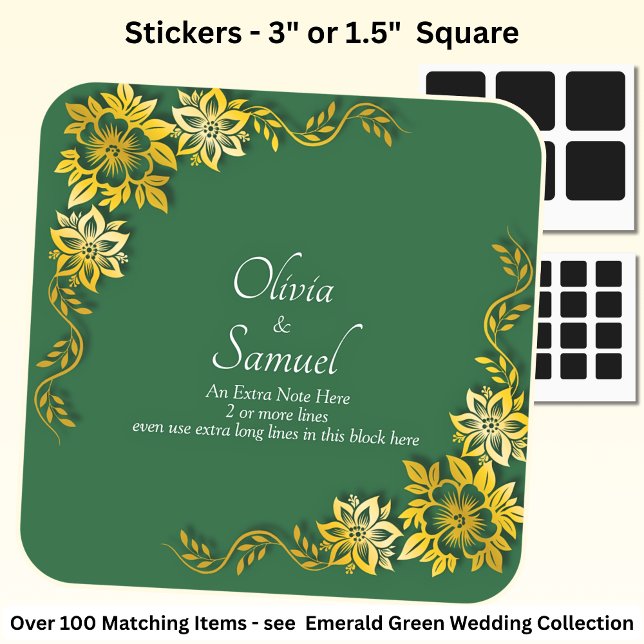 Note + Bride Groom Names Emerald Green & Gold Square Sticker (Creator Uploaded)