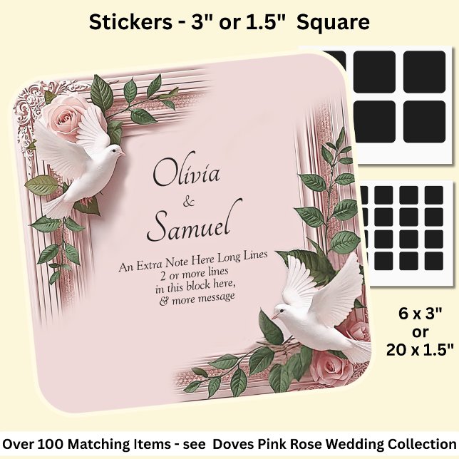 Note, Bride Groom Names Pink Roses & Doves Wedding Square Sticker (Creator Uploaded)