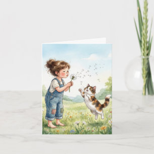 Note Card Girl Blowing Dandelion Seeds with Cat