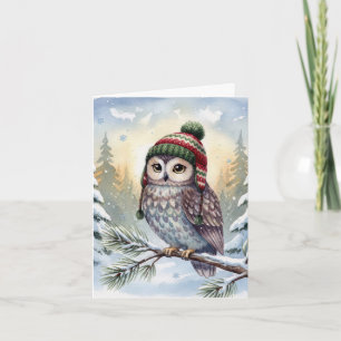 Note Card Watercolor Owl In Winter Hat