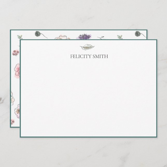 Note Cards Elegant Flat Modern Botanical Green (Front/Back)