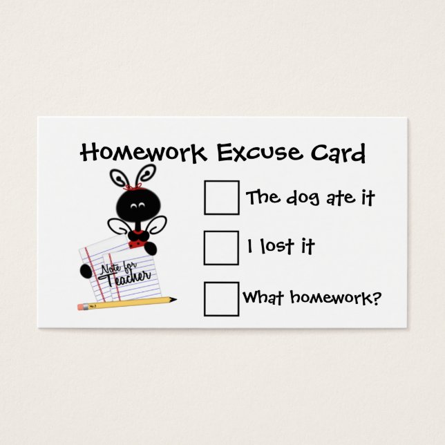 Note for Teacher Homework Excuse Cards (Front)