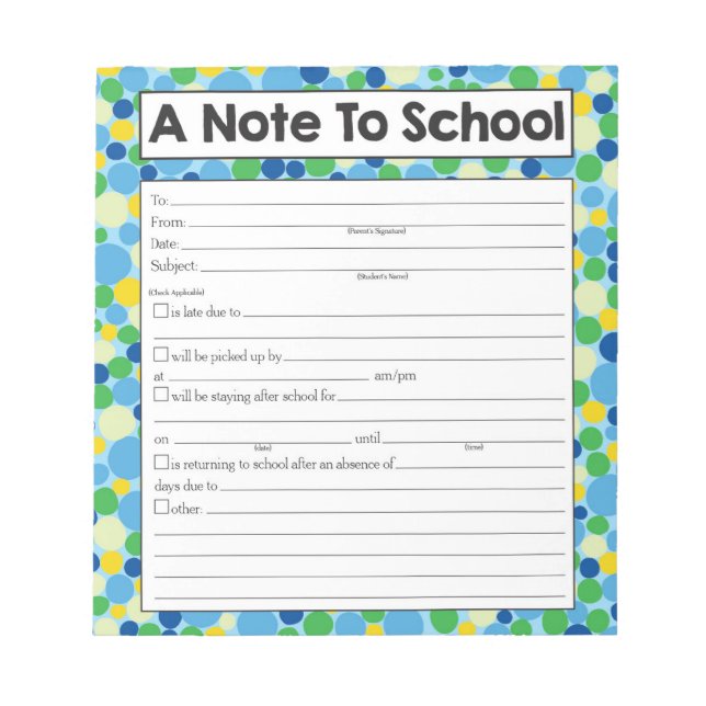 Note to Teacher Notepad, School Absence Excuse (Front)