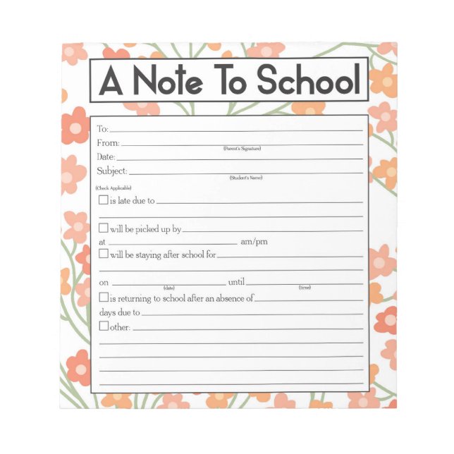 Note to Teacher Notepad, School Absence Excuse (Front)