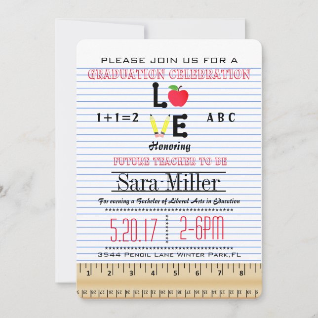 Notebook Paper Teacher Graduation Invitation (Front)