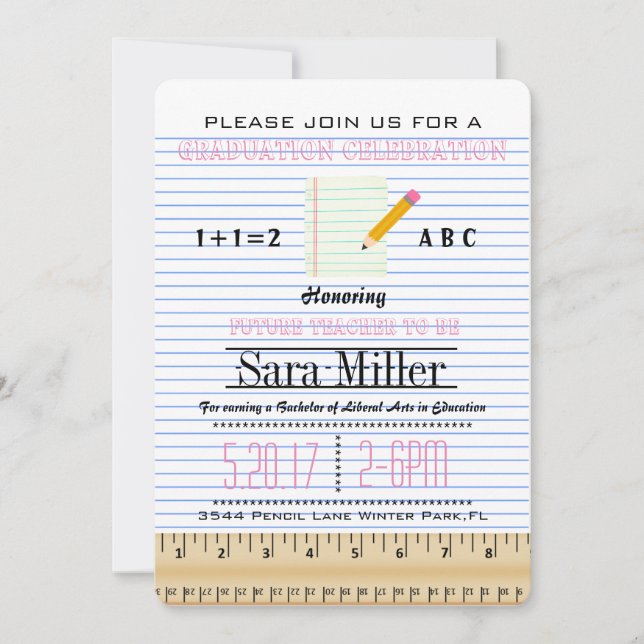 Notebook Paper Teacher Graduation Invitation (Front)