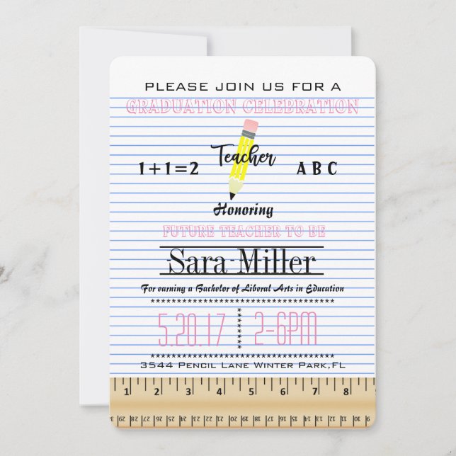 Notebook Paper Teacher Graduation Invitation (Front)