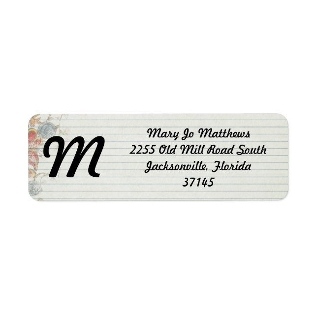 Notebook paper with flower return address label (Front)
