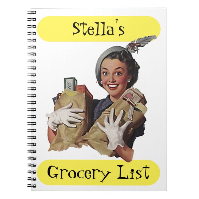 Notebook Retro Grocery List Happy Lady Gift Idea (Front)