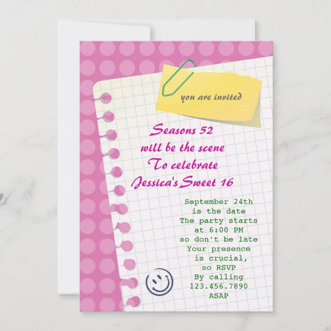 Notebook Sweet 16 Invitation (Front)