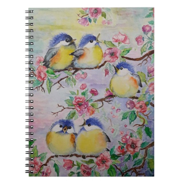 Notebook with Cute Sparrows - Painting (Front)